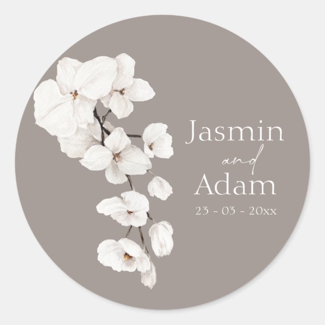 Modern Gray White Orchid Wedding Envelope Classic Round Sticker (Front)