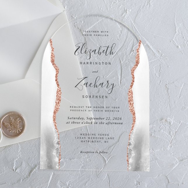 Modern Gray White Rose Gold Agate Arch Wedding Acrylic Invitations (Creator Uploaded)