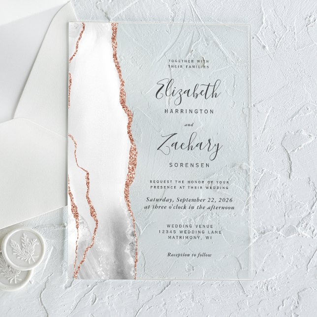 Modern Gray White Rose Gold Agate Wedding Acrylic Invitations (Creator Uploaded)