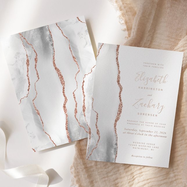 Modern Gray White Rose Gold Agate Wedding Foil Invitation (Creator Uploaded)