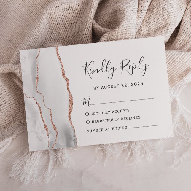 Modern Gray White Rose Gold Agate Wedding RSVP Card (Creator Uploaded)