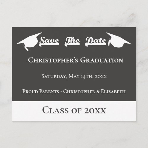 Modern Gray White Save The Date Graduation Cap Announcement Postcard