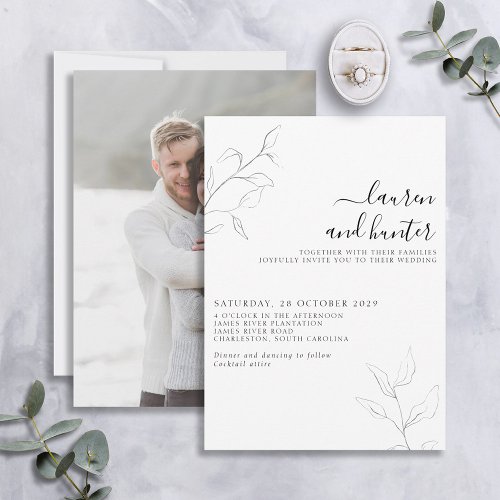 Modern Gray White Script Botanical Photo Wedding  Invitation