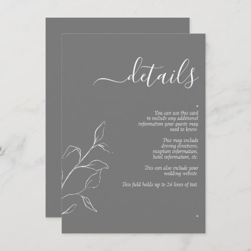 Modern Gray White Script Botanical Wedding Details Enclosure Card