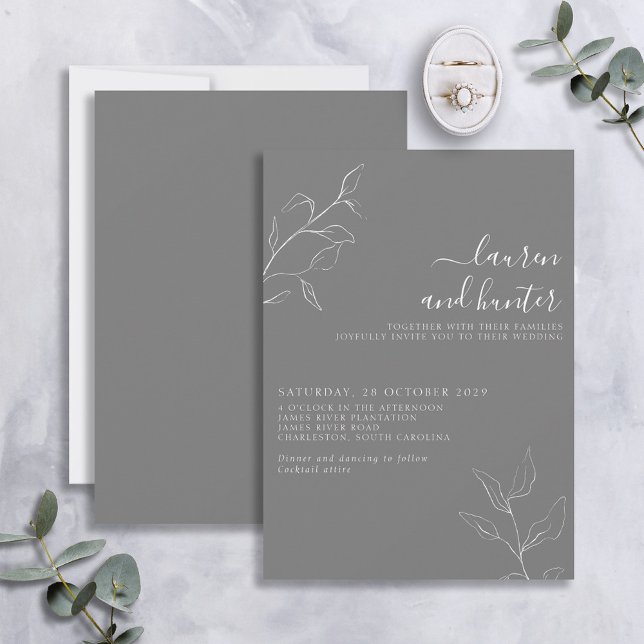 Modern Gray White Script Botanical Wedding Invitation (Creator Uploaded)