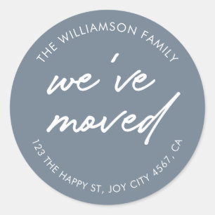 Modern Gray White Script We've Moved Address Classic Round Sticker