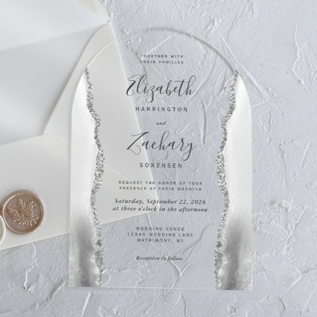 Modern Gray White Silver Agate Arch Wedding Acrylic Invitations (Creator Uploaded)