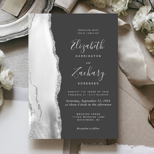 Modern Gray White Silver Agate Dark Wedding Invitation