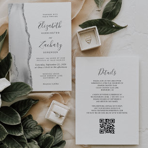 Modern Gray White Silver Agate QR Code Wedding Invitation