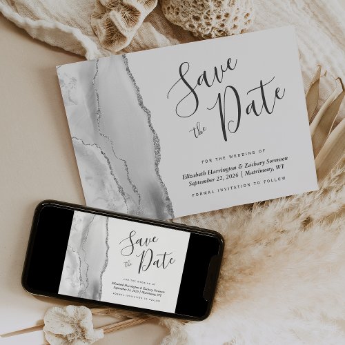 Modern Gray White Silver Agate Save the Date Card