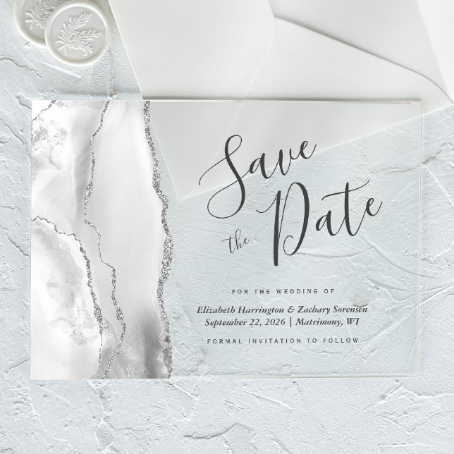 Modern Gray White Silver Agate Save the Date Card Acrylic Invitations (Creator Uploaded)