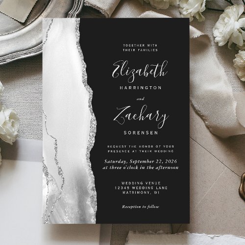 Modern Gray White Silver Agate Slate Wedding Invitation