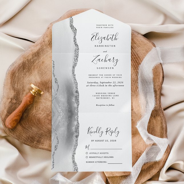 Modern Gray White Silver Agate Wedding All In One Invitation (Creator Uploaded)