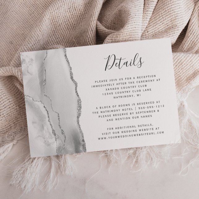 Modern Gray White Silver Agate Wedding Details Enclosure Card (Creator Uploaded)