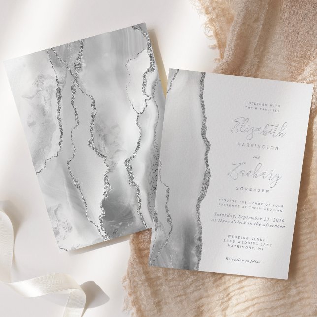 Modern Gray White Silver Agate Wedding Foil Invitation (Creator Uploaded)