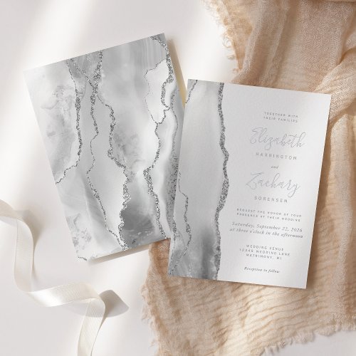 Modern Gray White Silver Agate Wedding Foil Invitation