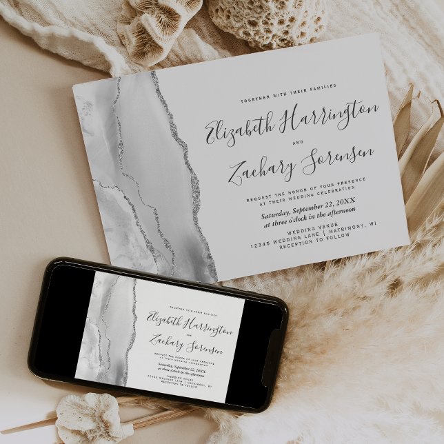 Modern Gray White Silver Agate Wedding Invitation (Creator Uploaded)