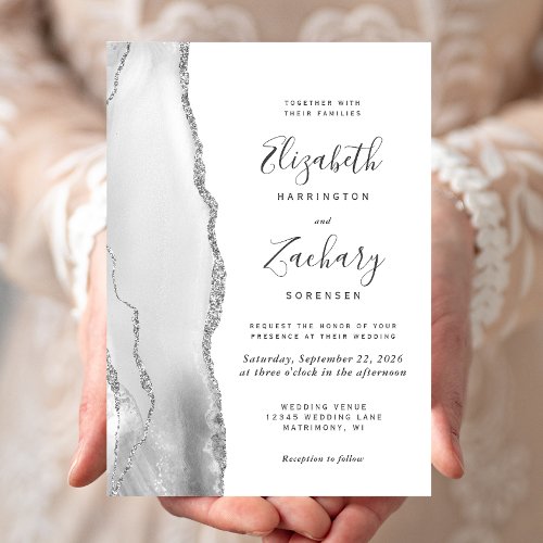 Modern Gray White Silver Agate Wedding Invitation