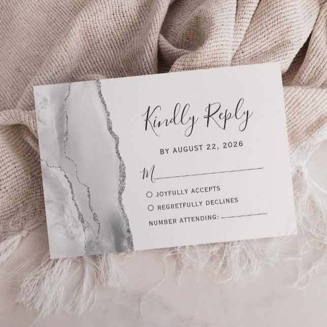 Modern Gray White Silver Agate Wedding RSVP Card (Creator Uploaded)