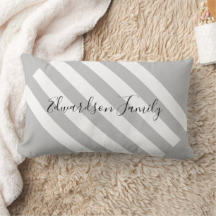 Modern gray white stripes family monogram name lumbar pillow