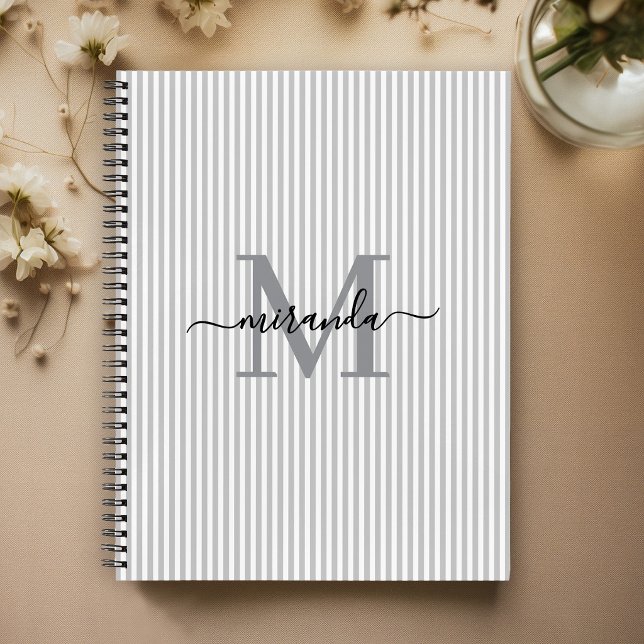 Modern Gray & White Stripes Monogram Name Notebook (Creator Uploaded)