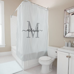 Modern Gray & White Stripes Monogram Name Shower Curtain