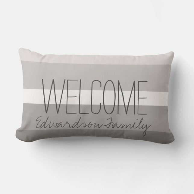 Modern gray white stripes Welcome family name Lumbar Pillow (Front)
