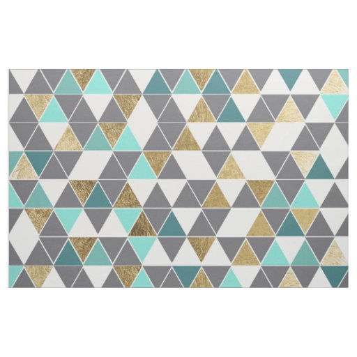 Modern Gray White Teal and Faux Gold Triangles Fabric
