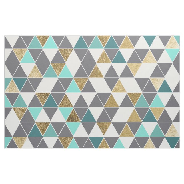 Modern Gray White Teal and Faux Gold Triangles Fabric (Yard)
