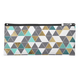 Modern Gray White Teal and Faux Gold Triangles Pencil Case