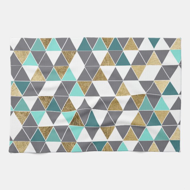 Modern Gray White Teal and Faux Gold Triangles Towel (Horizontal)
