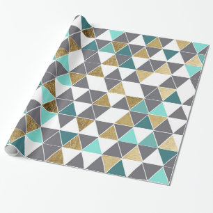 Modern Gray White Teal and Faux Gold Triangles Wrapping Paper