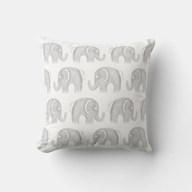 Modern gray white watercolor hand painted elephant throw pillow (Front)