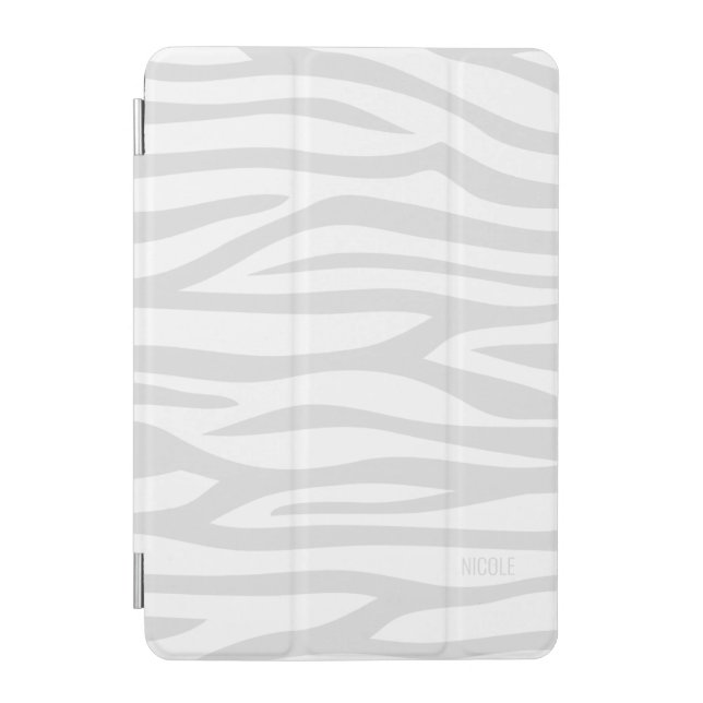 Modern Gray White Zebra Print Personalized iPad Mini Cover (Front)