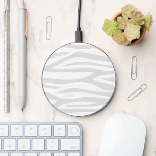 Modern Gray White Zebra Print Personalized Wireless Charger