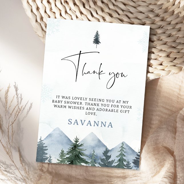Modern Gray Wilderness Winter Baby Shower  Thank You Card (Mountains Thank You Card, Pine Trees Baby Shower Thank You Card, Winter Wilderness Thank You Tag)