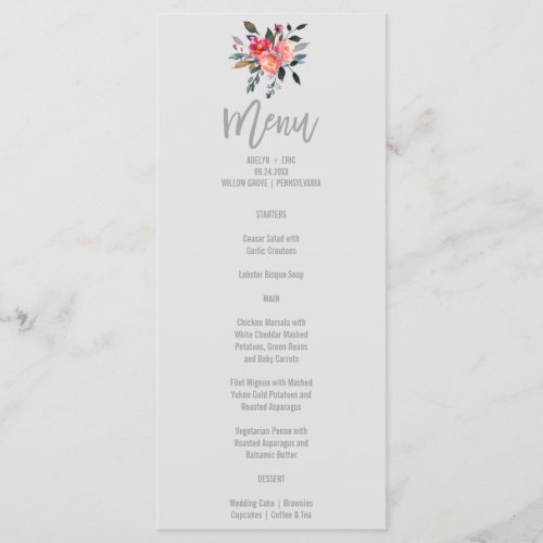 Modern Gray  Winter Flower Wedding Menu Card