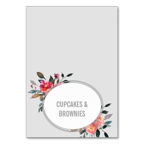 Modern Gray  Winter Flower Wreath Food Tent Cards