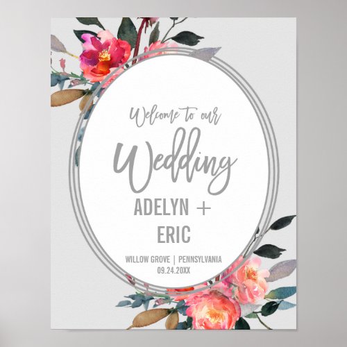 Modern Gray  Winter Flower Wreath Wedding Welcome Poster