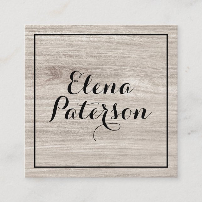 Modern gray wood geometric black frame handmade square business card (Front)