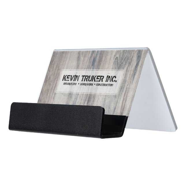 Modern Gray Wood Texture Construction Woodwork Desk Business Card Holder (Angled Front)