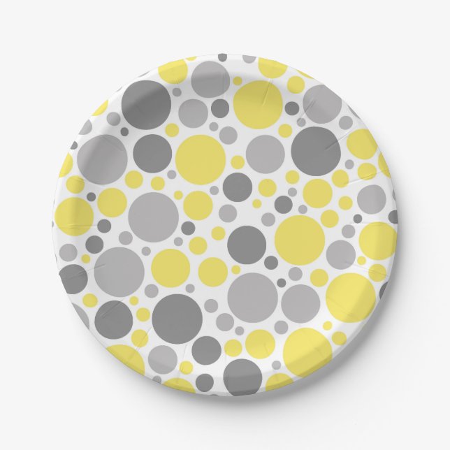 Modern Gray Yellow Bubbles Paper Plates (Front)
