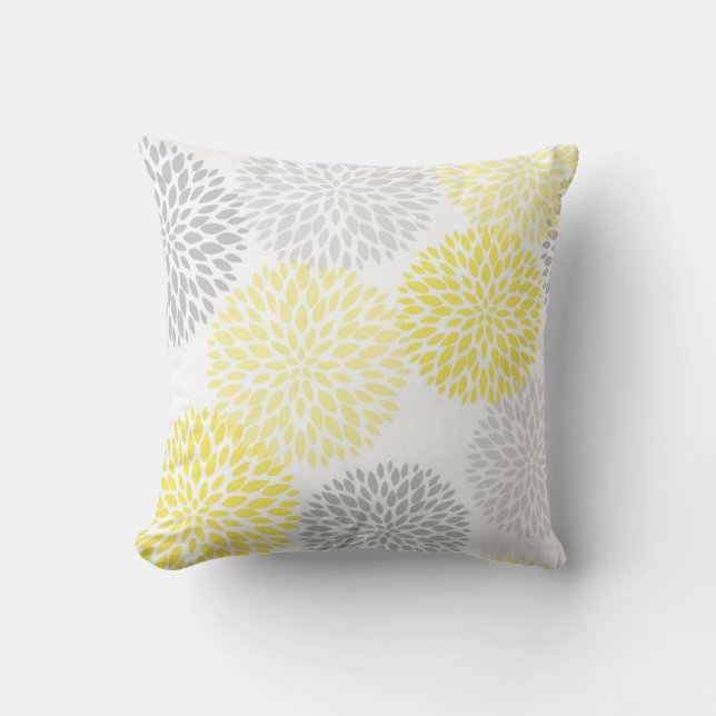 Modern Gray Yellow Floral Throw Pillow (Front)