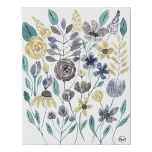 Modern Gray Yellow Floral Watercolor Art Faux Canvas Print