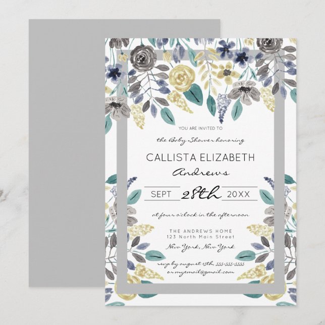 Modern Gray Yellow Floral Watercolor Baby Shower Invitation (Front/Back)