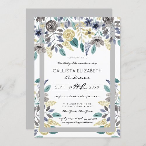 Modern Gray Yellow Floral Watercolor Baby Shower Invitation