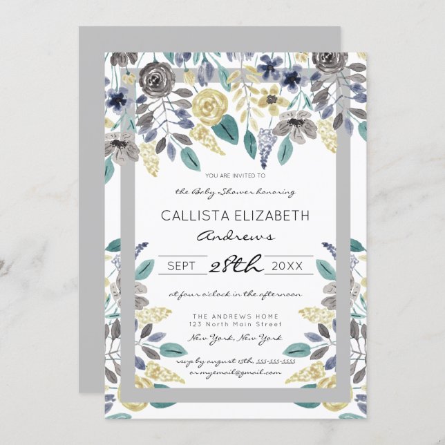 Modern Gray Yellow Floral Watercolor Baby Shower Invitation (Front/Back)