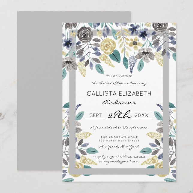 Modern Gray Yellow Floral Watercolor Bridal Shower Invitation (Front/Back)
