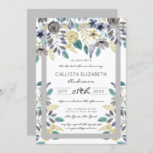 Modern Gray Yellow Floral Watercolor Bridal Shower Invitation