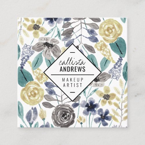 Modern Gray Yellow Floral Watercolor Makeup Square Business Card